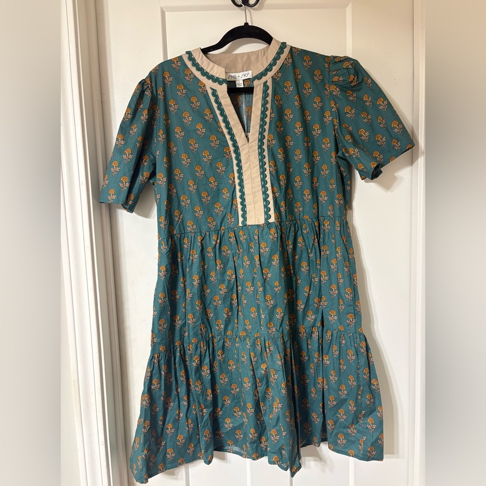 She + Sky Teal Floral Tiered Dress with Cream Trim